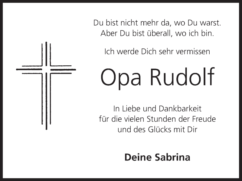  Traueranzeige für Rudolf  vom 22.04.2017 aus MGO