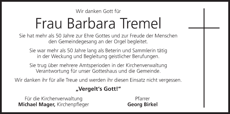  Traueranzeige für Barbara Tremel vom 12.04.2017 aus MGO