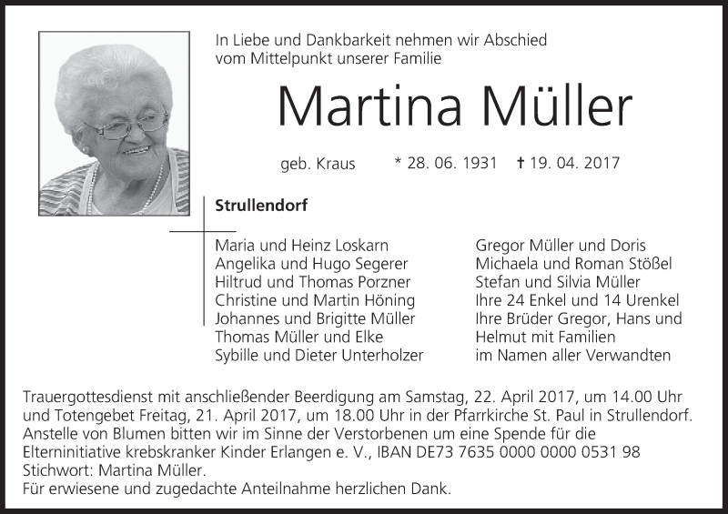  Traueranzeige für Martina Müller vom 21.04.2017 aus MGO