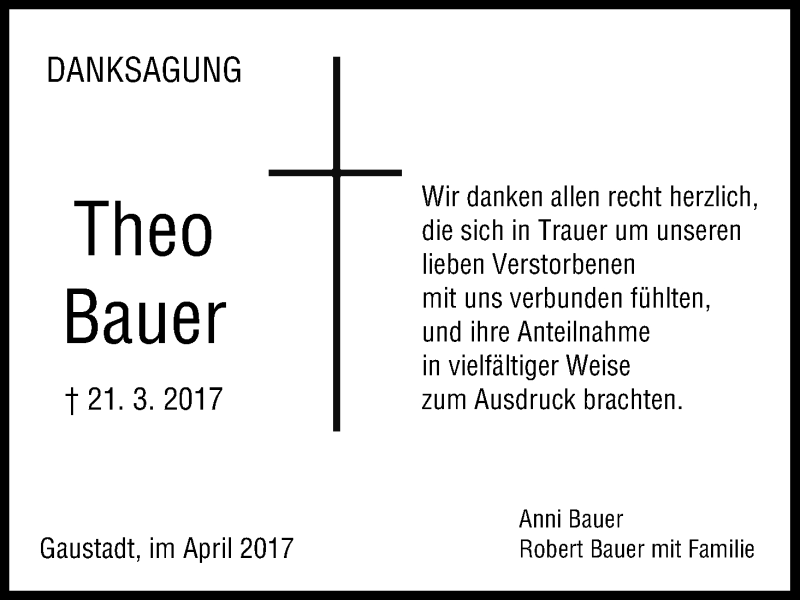  Traueranzeige für Theo Bauer vom 01.04.2017 aus MGO