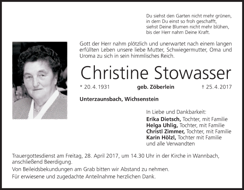 Traueranzeige für Christine Stowasser vom 27.04.2017 aus MGO