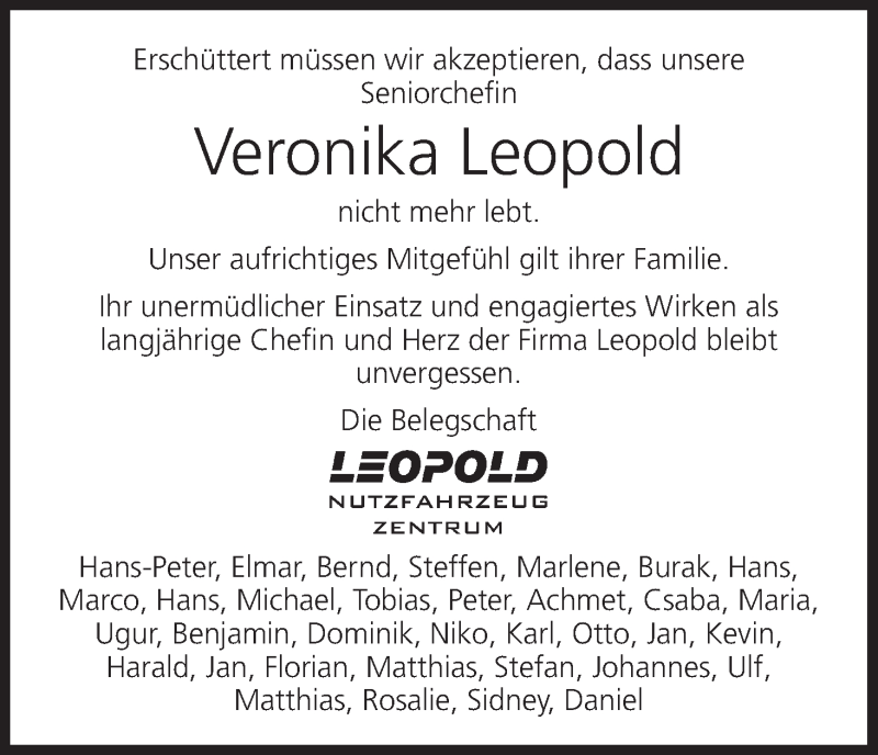  Traueranzeige für Veronika Leopold vom 12.04.2017 aus MGO