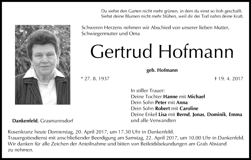  Traueranzeige für Gertrud Hofmann vom 20.04.2017 aus MGO