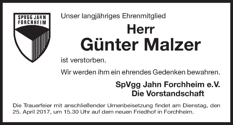  Traueranzeige für Günter Malzer vom 21.04.2017 aus MGO
