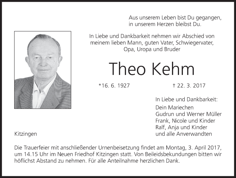  Traueranzeige für Theo Kehm vom 01.04.2017 aus MGO