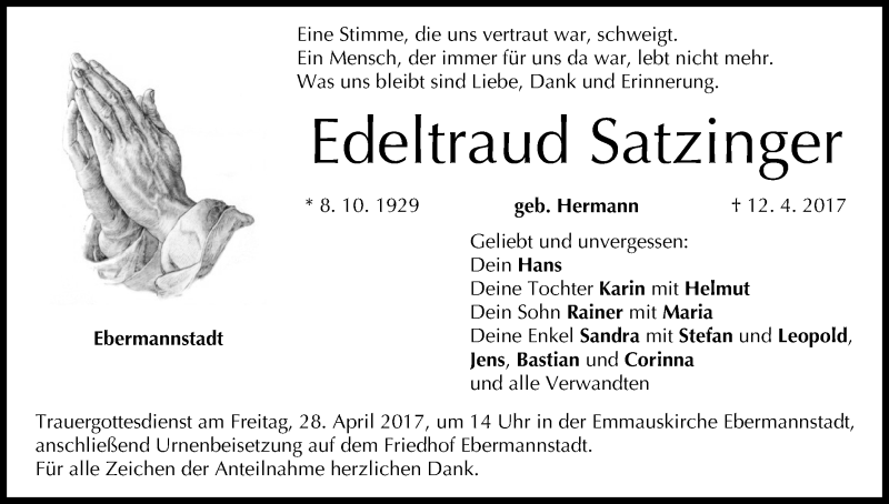  Traueranzeige für Edeltraud Satzfinger vom 22.04.2017 aus MGO