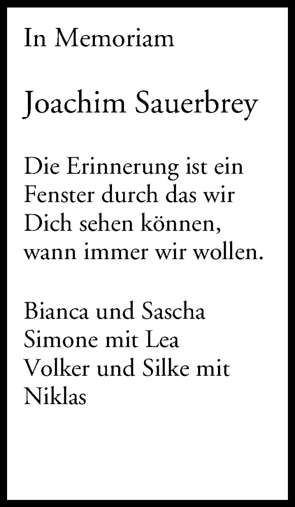  Traueranzeige für Joachim Sauerbrey vom 01.04.2017 aus MGO