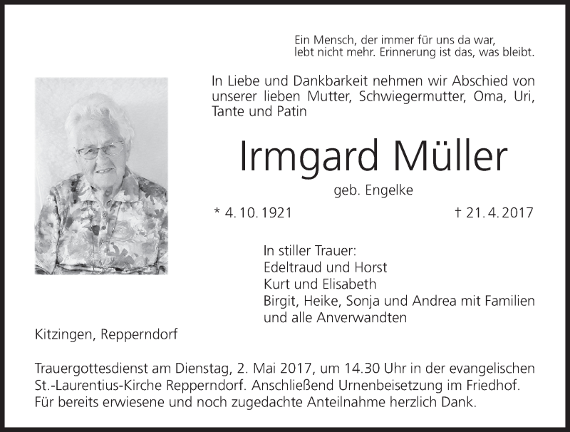  Traueranzeige für Irmgard Müller vom 29.04.2017 aus MGO
