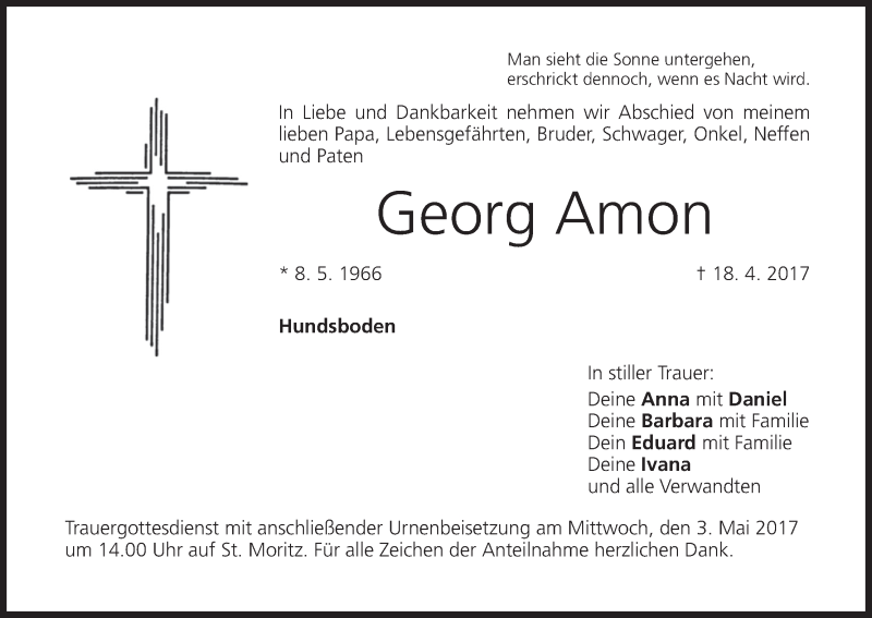  Traueranzeige für Georg Amon vom 29.04.2017 aus MGO