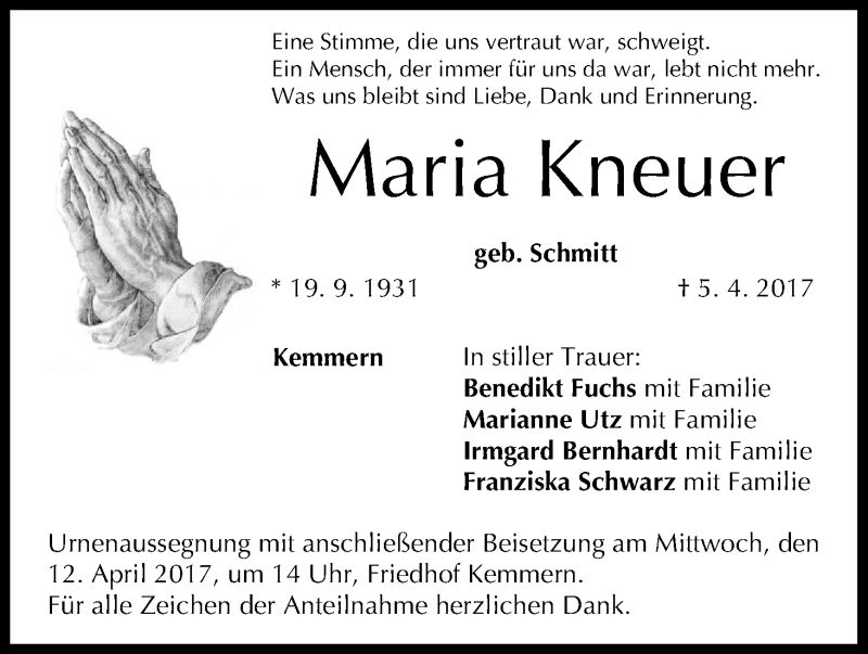  Traueranzeige für Maria Kneuer vom 08.04.2017 aus MGO