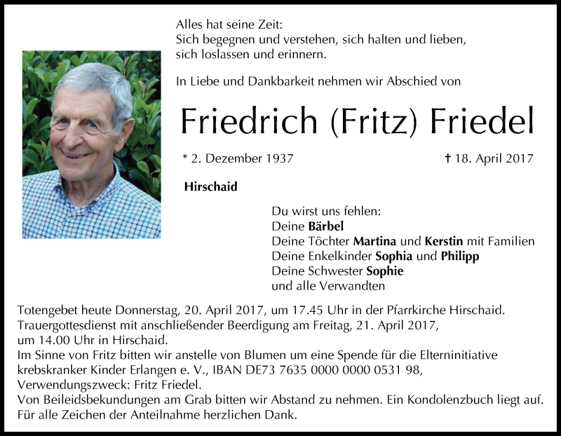  Traueranzeige für Friedrich Friedel vom 20.04.2017 aus MGO