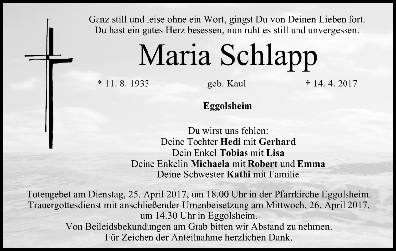  Traueranzeige für Maria Schlapp vom 22.04.2017 aus MGO