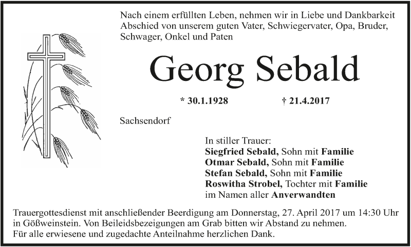 Traueranzeige für Georg Sebald vom 25.04.2017 aus MGO