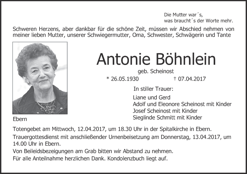  Traueranzeige für Antonie Böhnlein vom 11.04.2017 aus MGO