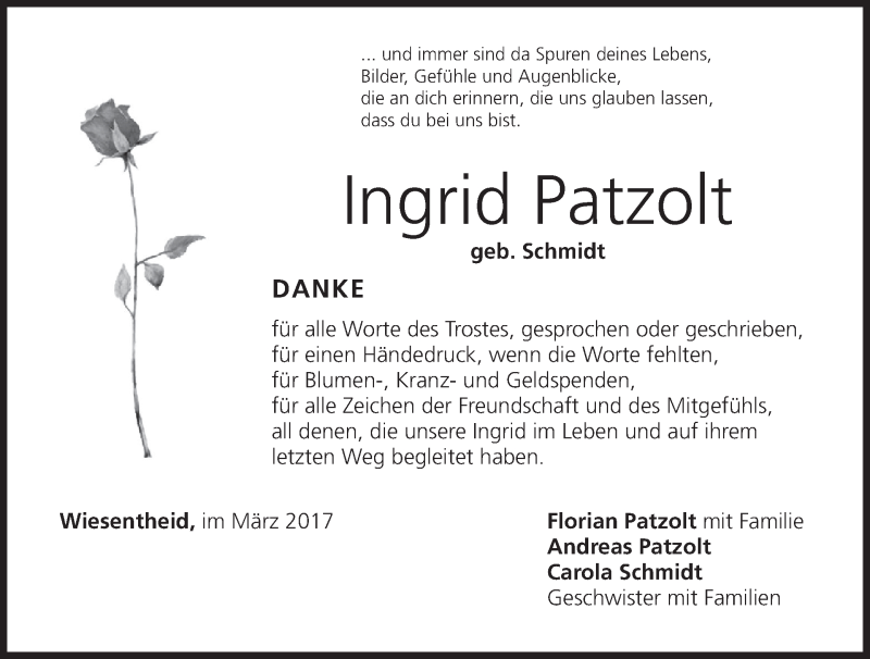  Traueranzeige für Ingrid Patzolt vom 07.04.2017 aus MGO