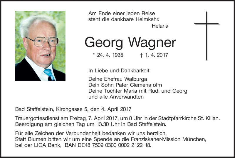  Traueranzeige für Georg Wagner vom 04.04.2017 aus MGO