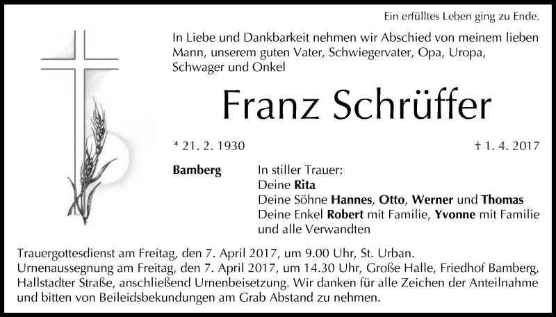  Traueranzeige für Franz Schrüffer vom 05.04.2017 aus MGO
