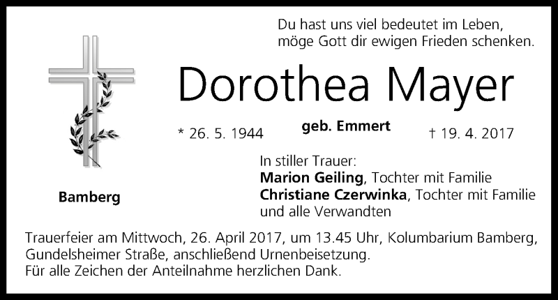  Traueranzeige für Dorothea Mayer vom 22.04.2017 aus MGO