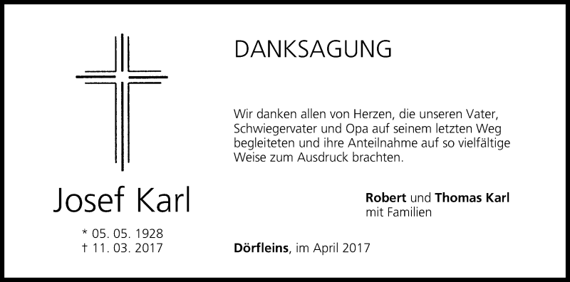  Traueranzeige für Josef Karl vom 01.04.2017 aus MGO