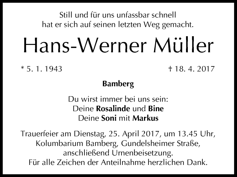  Traueranzeige für Hans-Werner Müller vom 22.04.2017 aus MGO