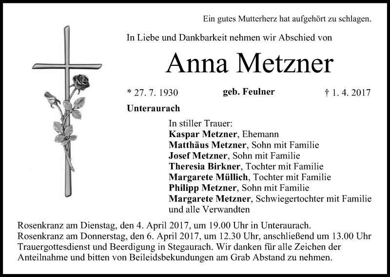  Traueranzeige für Anna Metzner vom 01.04.2017 aus MGO