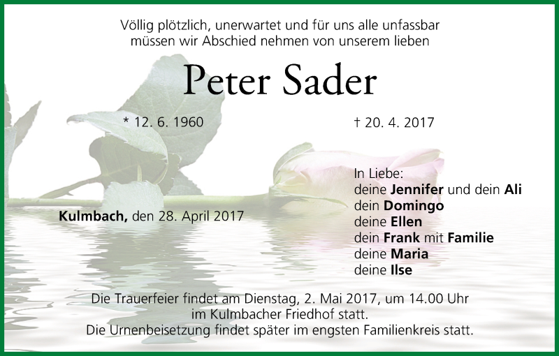  Traueranzeige für Peter Sader vom 28.04.2017 aus MGO