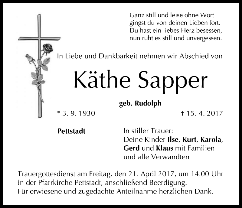  Traueranzeige für Käthe Sapper vom 19.04.2017 aus MGO