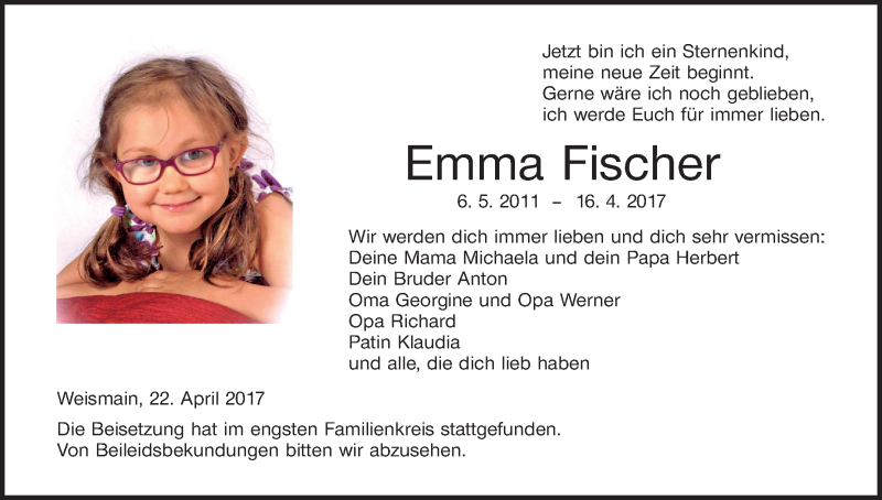  Traueranzeige für Emma Fischer vom 24.04.2017 aus MGO