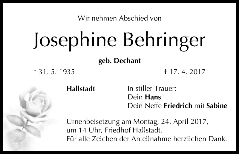  Traueranzeige für Josephine Behringer vom 22.04.2017 aus MGO