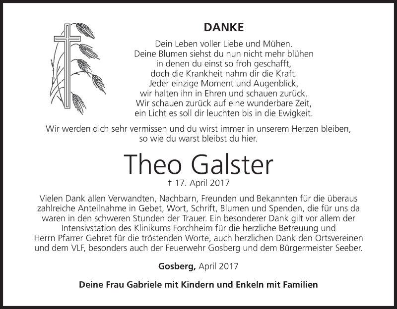  Traueranzeige für Theo Galster vom 29.04.2017 aus MGO