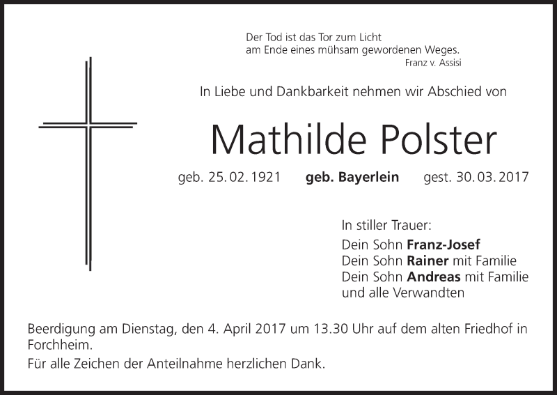  Traueranzeige für Mathilde Polster vom 01.04.2017 aus MGO
