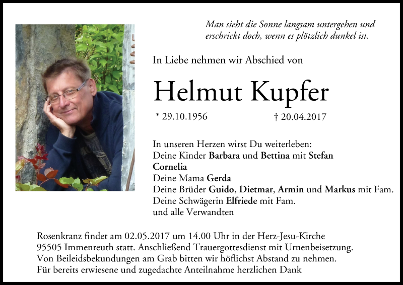  Traueranzeige für Helmut Kupfer vom 27.04.2017 aus MGO