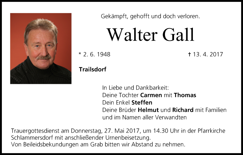  Traueranzeige für Walter Gall vom 25.04.2017 aus MGO