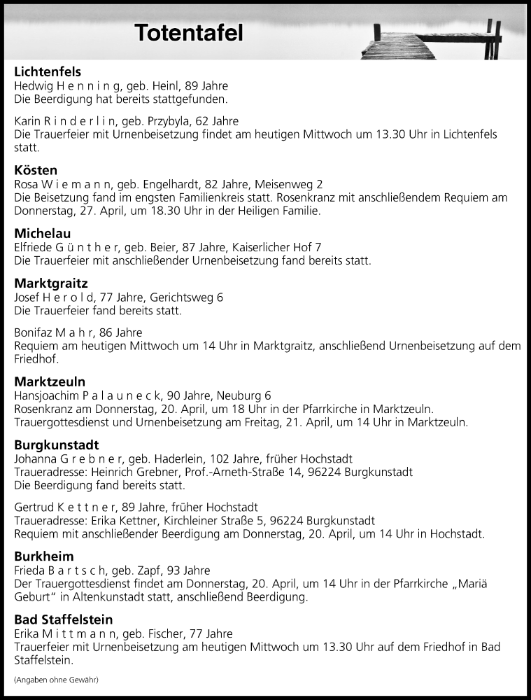  Traueranzeige für Totentafel vom 19.04.2017 vom 19.04.2017 aus MGO