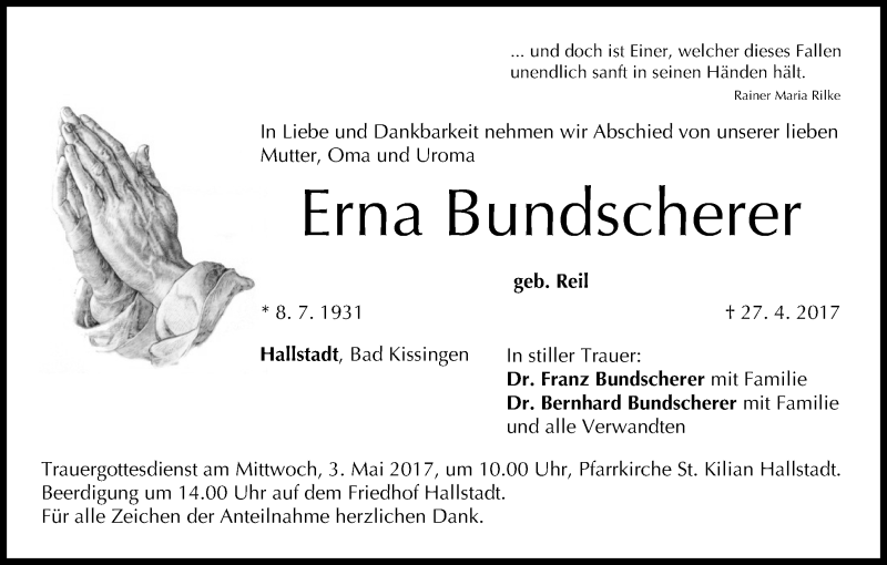  Traueranzeige für Erna Bundscherer vom 29.04.2017 aus MGO