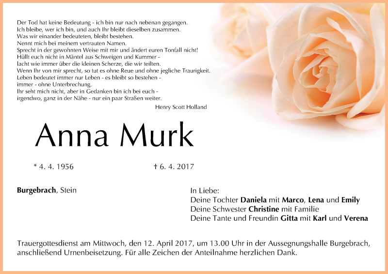  Traueranzeige für Anna Murk vom 10.04.2017 aus MGO