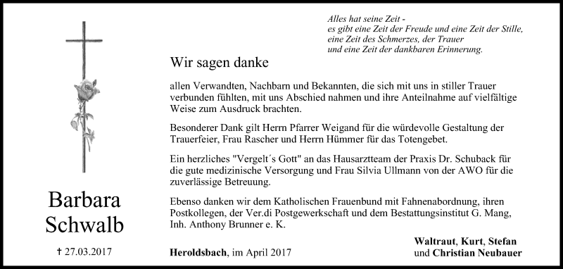  Traueranzeige für Barbara Schwalb vom 15.04.2017 aus MGO