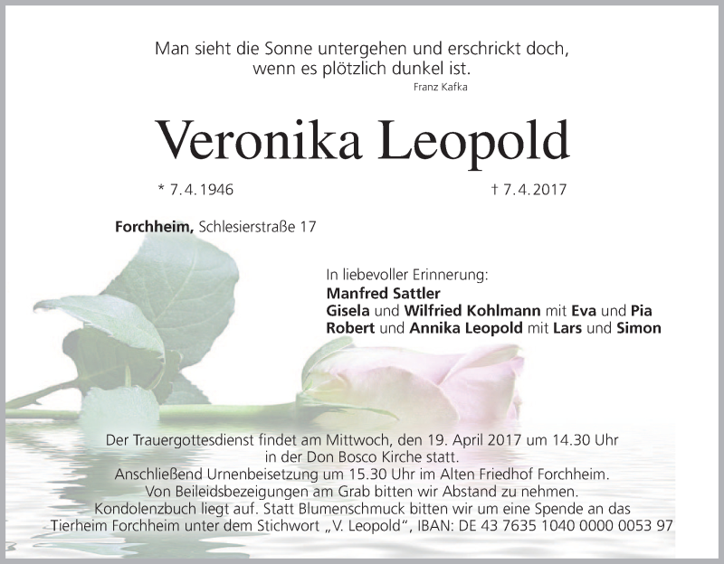  Traueranzeige für Veronika Leopold vom 11.04.2017 aus MGO