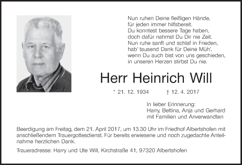  Traueranzeige für Heinrich Will vom 19.04.2017 aus MGO