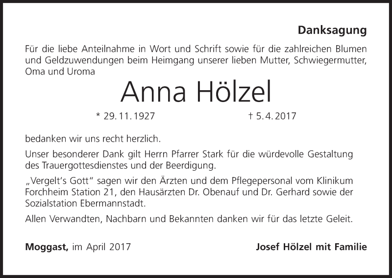  Traueranzeige für Anna Hölzel vom 22.04.2017 aus MGO