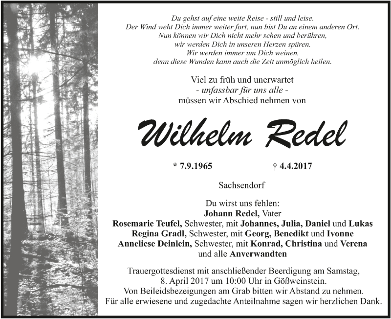  Traueranzeige für Wilhelm Redel vom 07.04.2017 aus MGO