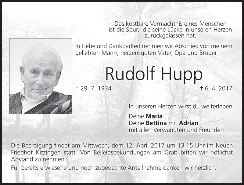  Traueranzeige für Rudolf Hupp vom 10.04.2017 aus MGO