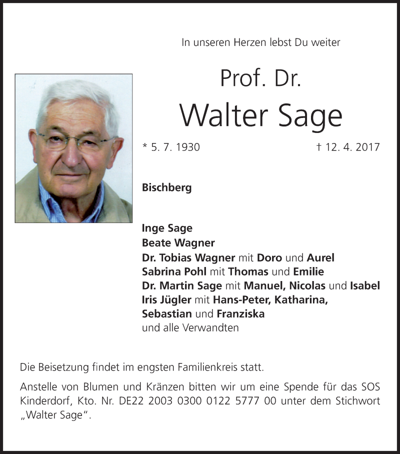  Traueranzeige für Walter Sage vom 15.04.2017 aus MGO