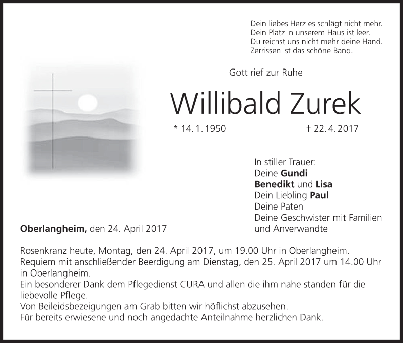  Traueranzeige für Willibald Zurek vom 24.04.2017 aus MGO