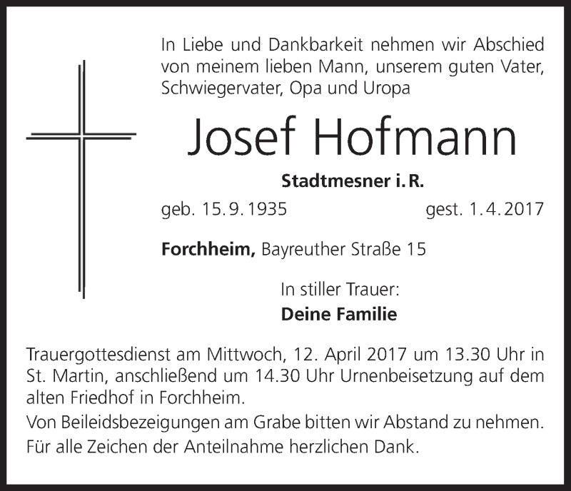  Traueranzeige für Josef Hofmann vom 08.04.2017 aus MGO