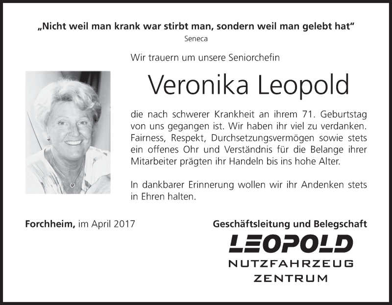  Traueranzeige für Veronika Leopold vom 12.04.2017 aus MGO