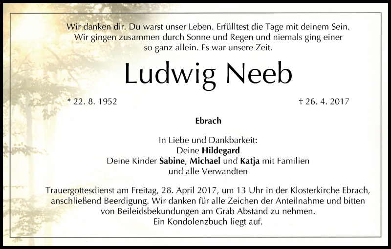  Traueranzeige für Ludwig Neeb vom 27.04.2017 aus MGO