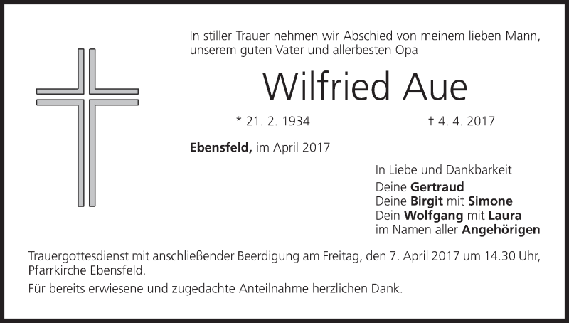  Traueranzeige für Wilfried Aue vom 06.04.2017 aus MGO