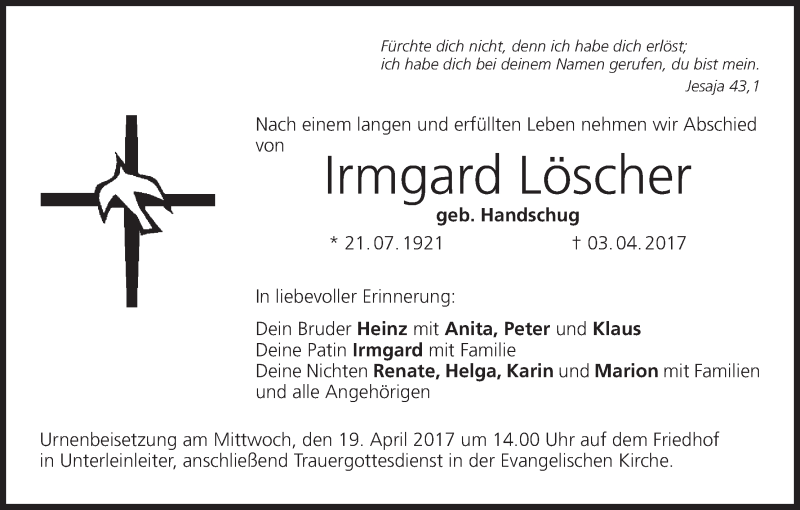  Traueranzeige für Irmgard Löscher vom 15.04.2017 aus MGO