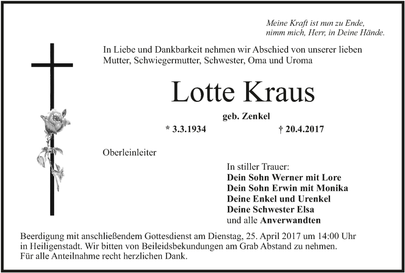  Traueranzeige für Lotte Kraus vom 24.04.2017 aus MGO